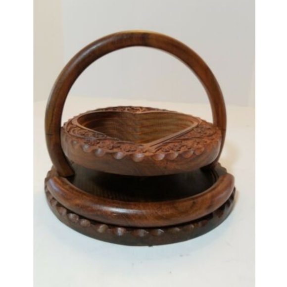 TRIVET To BASKET Heart Shape Hand Carved Wood - Picture 5 of 8